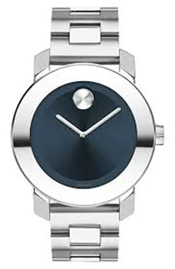 Movado Bold women's watch with blue dial, white hands, and stainless steel case and bracelet
