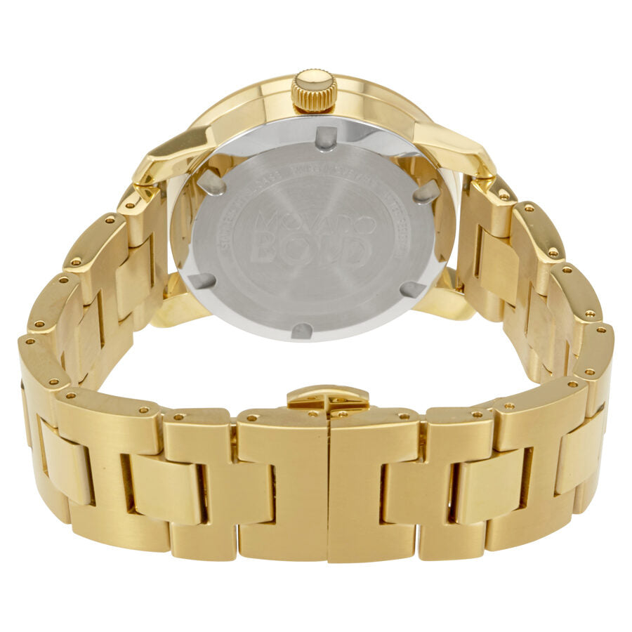 Caseback of Movado Bold gold tone watch with link bracelet