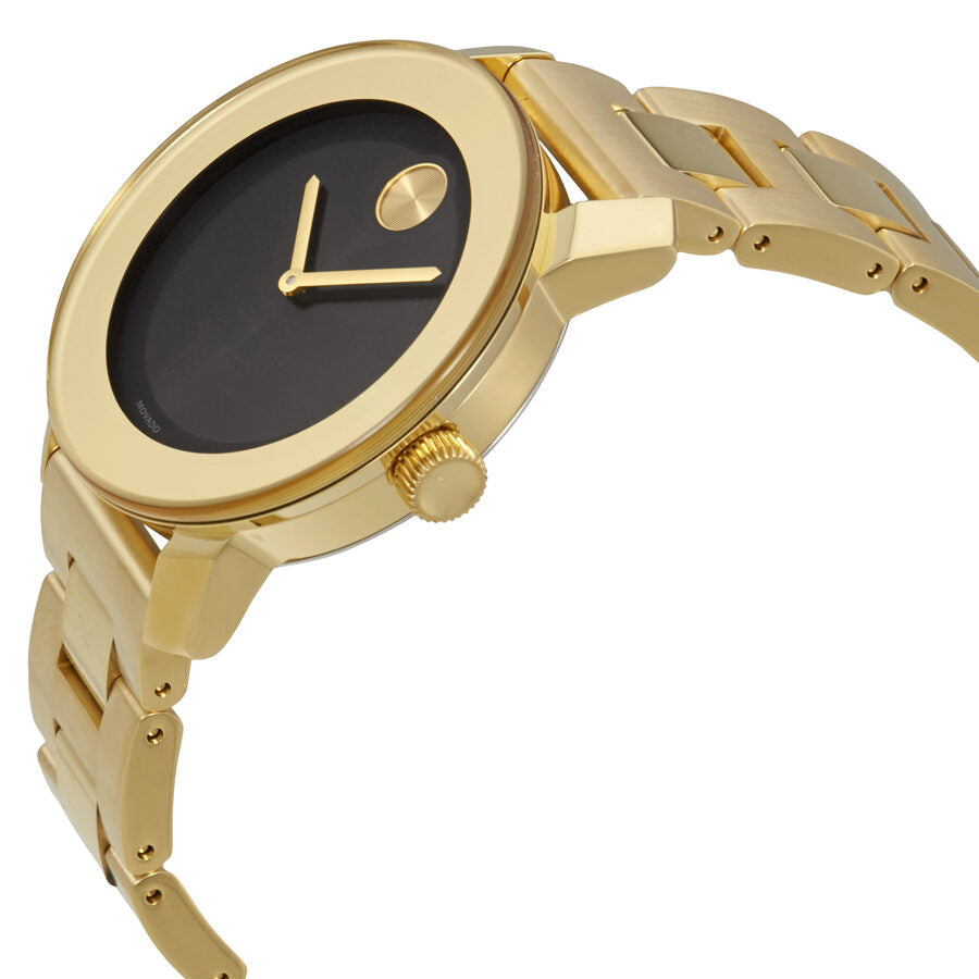 Movado Bold gold tone watch at angle showing black dial and gold bracelet