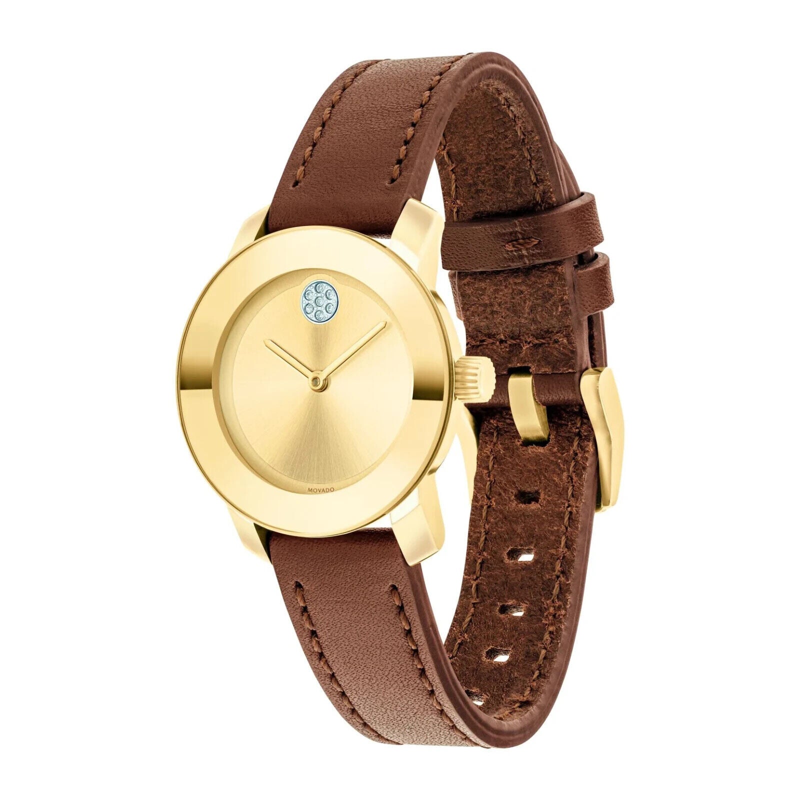 Movado Bold women's watch angled view showing gold case and brown leather strap