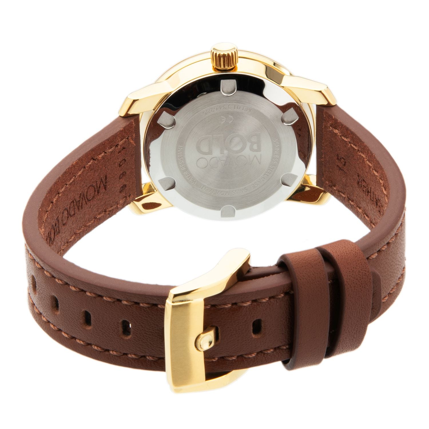 Movado Bold watch caseback showing stainless steel case back and brown leather strap