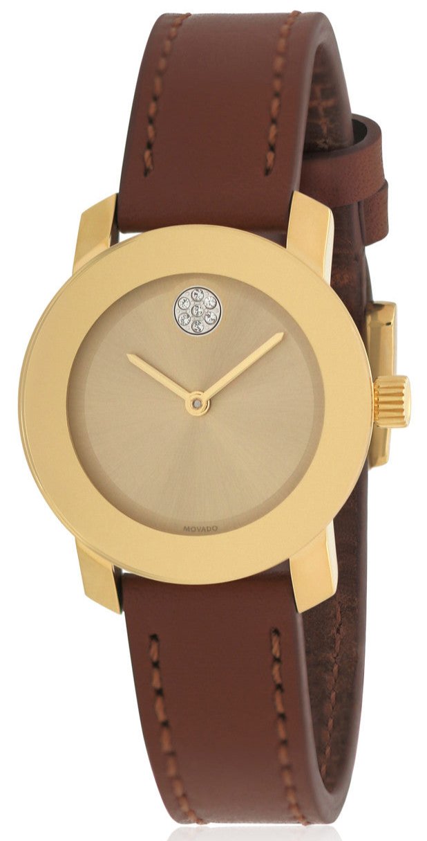 Movado Bold gold-plated watch with champagne dial and brown leather strap