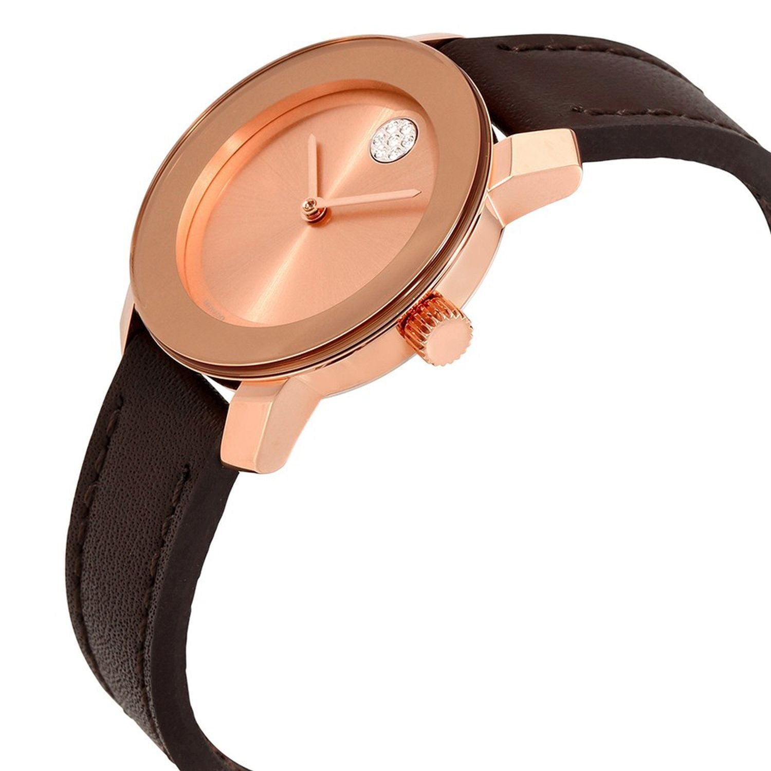 Movado Bold rose gold ladies watch displaying rose dial with sapphire dot and leather strap