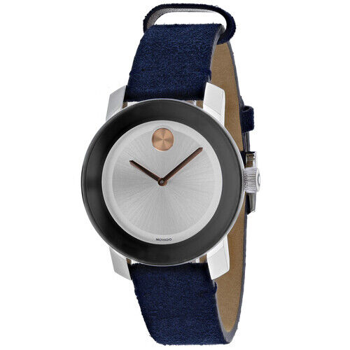 Movado Bold watch three-quarter view showing blue leather strap and silver dial