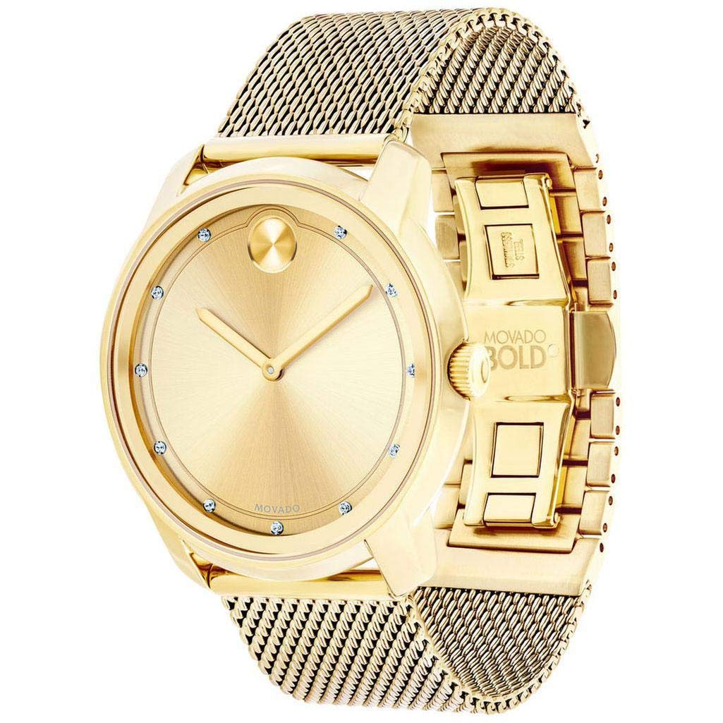 Gold Movado Bold watch at angle showing dial, mesh strap, and bracelet clasp