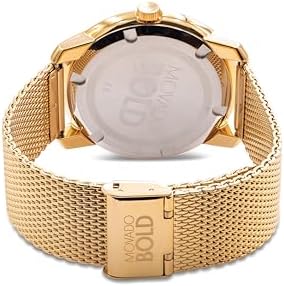 Caseback of gold Movado Bold watch showing Movado logo on brushed case