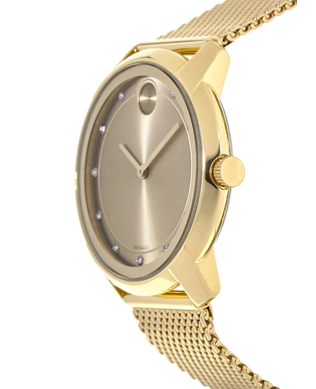 Side view of gold Movado Bold watch with sunray dial and mesh bracelet