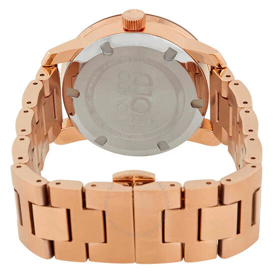 Movado Bold caseback showing rose gold-tone case construction and bracelet