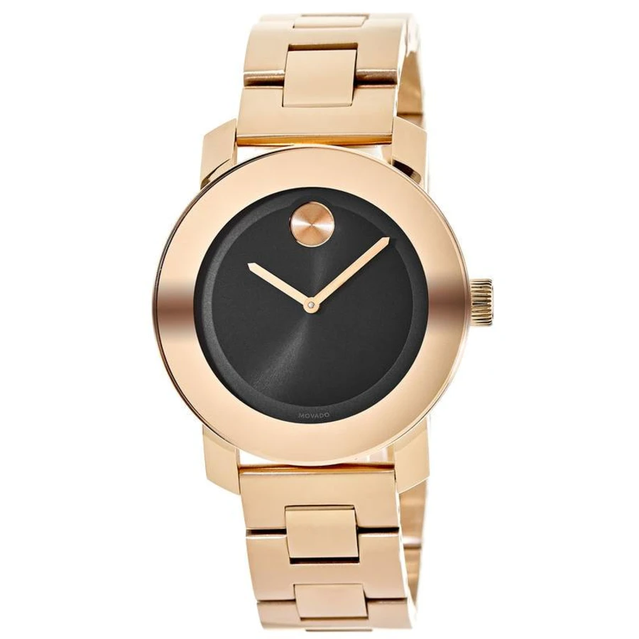 Movado Bold unisex watch with black sunray dial and rose gold-tone case