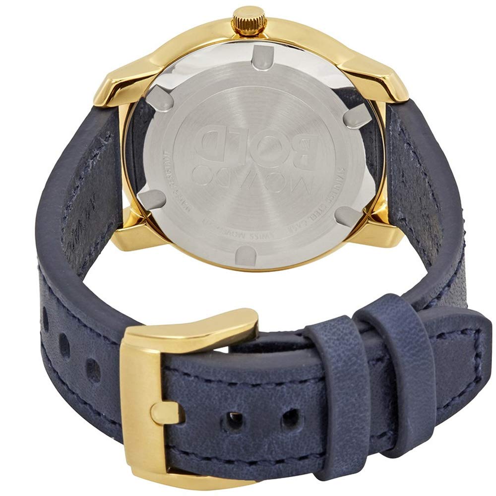 Movado Bold caseback with navy leather strap and gold buckle fastened