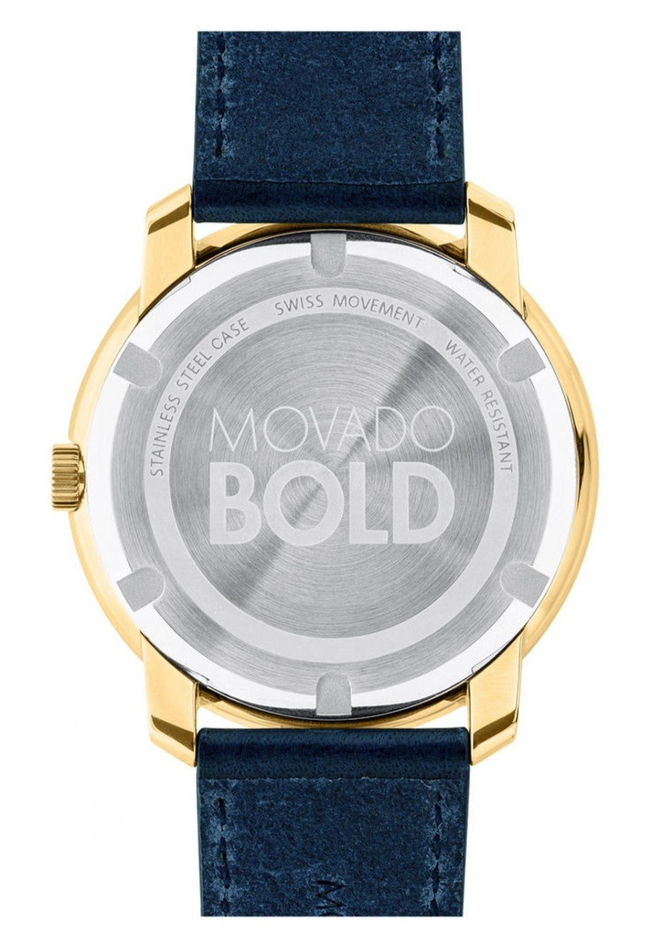 Caseback of Movado Bold watch showing BOLD text and Swiss movement engraving