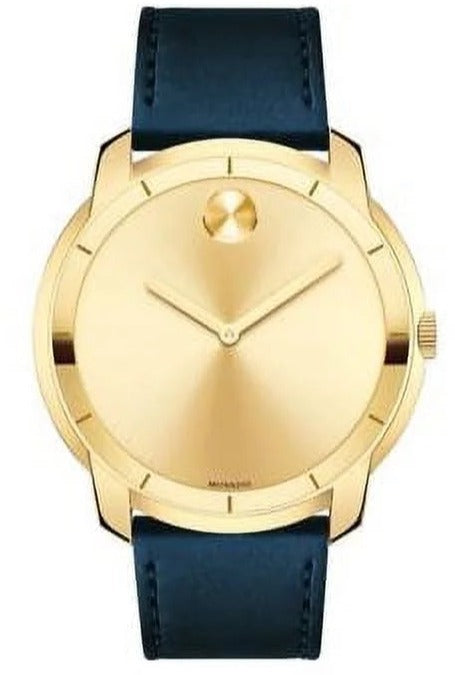Movado Bold 44mm watch with yellow gold sunray dial, gold case, and navy leather strap