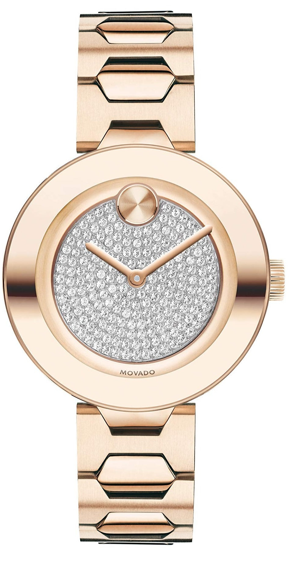 Movado Bold 32MM women's watch with rose gold case, crystal pave dial, and matching bracelet