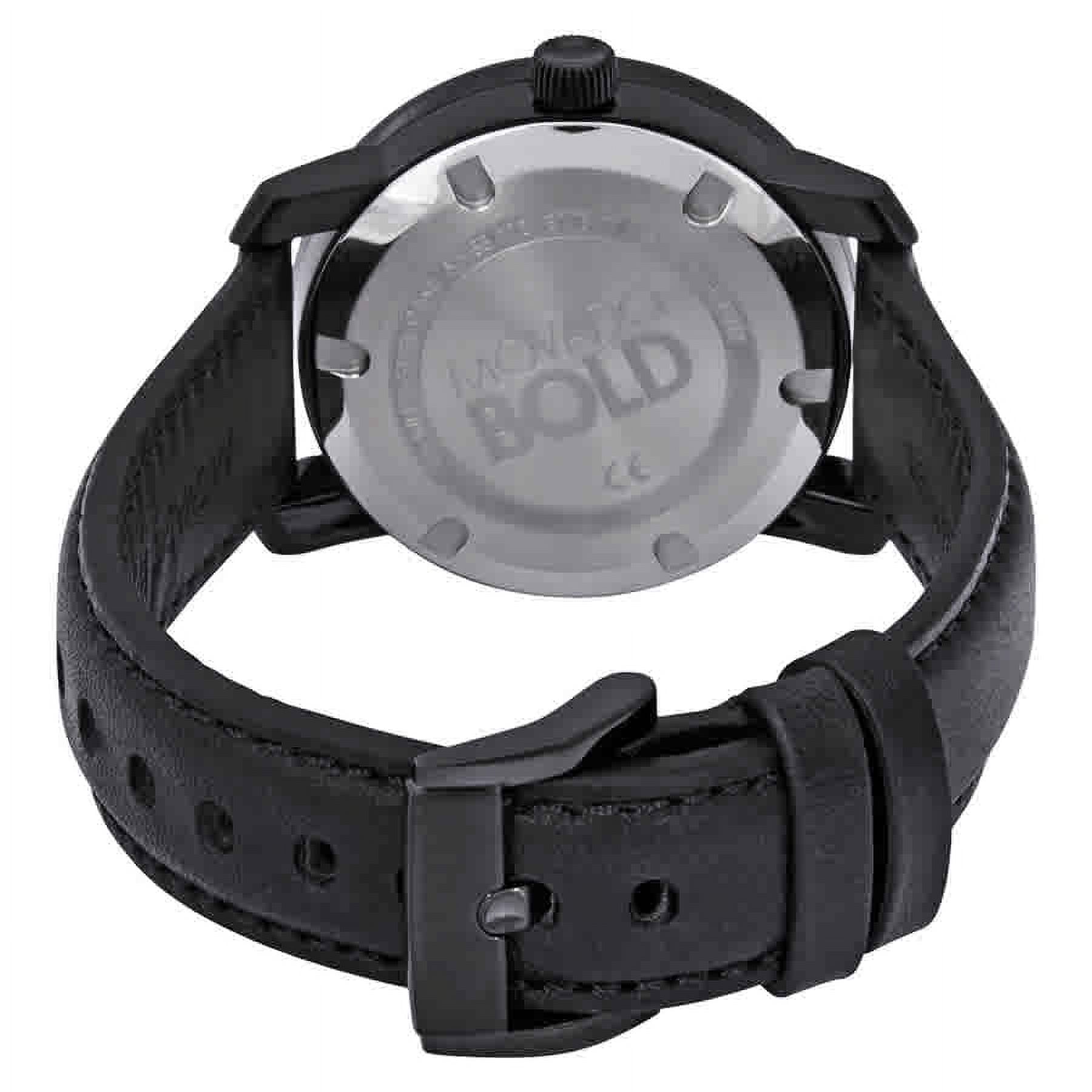 Movado Bold caseback with black leather strap and fold-over clasp fastening