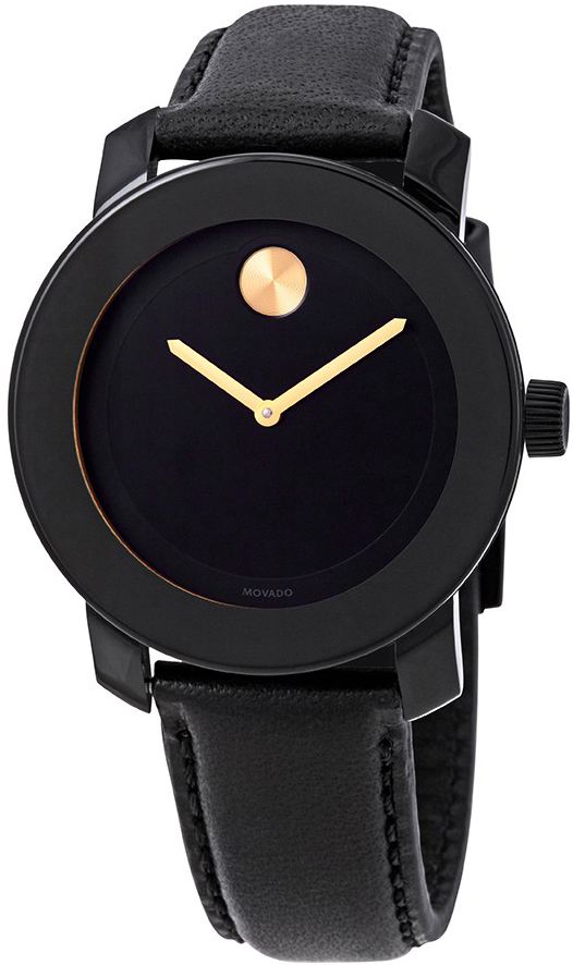 Movado Bold unisex watch with black dial, gold accent dot and hands, black leather strap