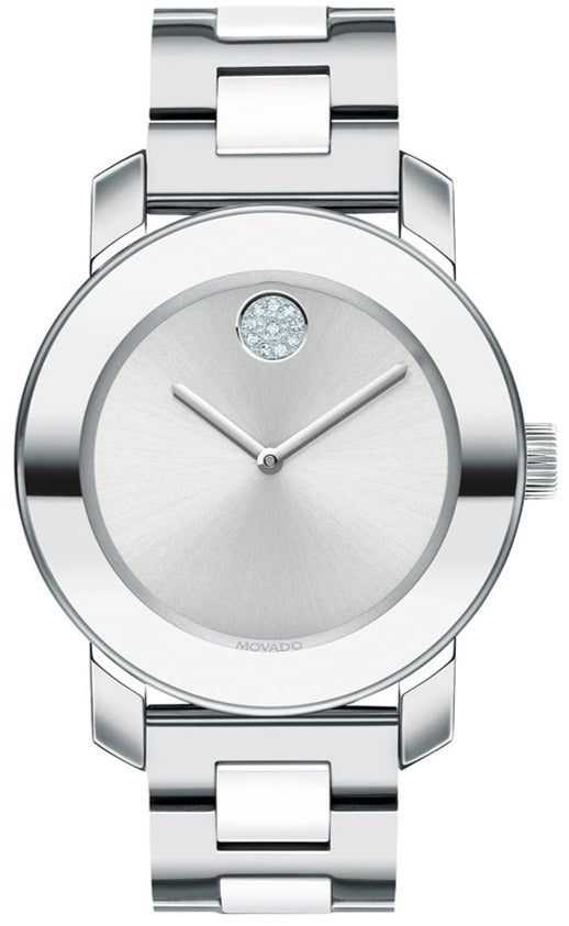 Movado Bold ceramic silver-tone women's watch with metallic dial and stainless steel bracelet