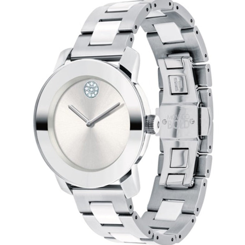 Movado Bold women's watch displayed on wrist showing silver-tone ceramic case and bracelet