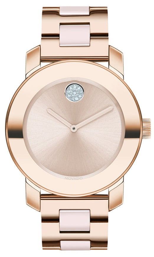Movado Bold 36mm rose gold and ceramic women's watch with metallic dial and two-tone bracelet