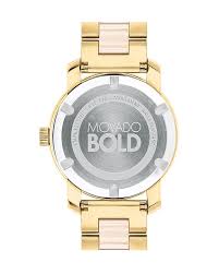 Caseback of Movado Bold watch showing stainless steel case back with model details