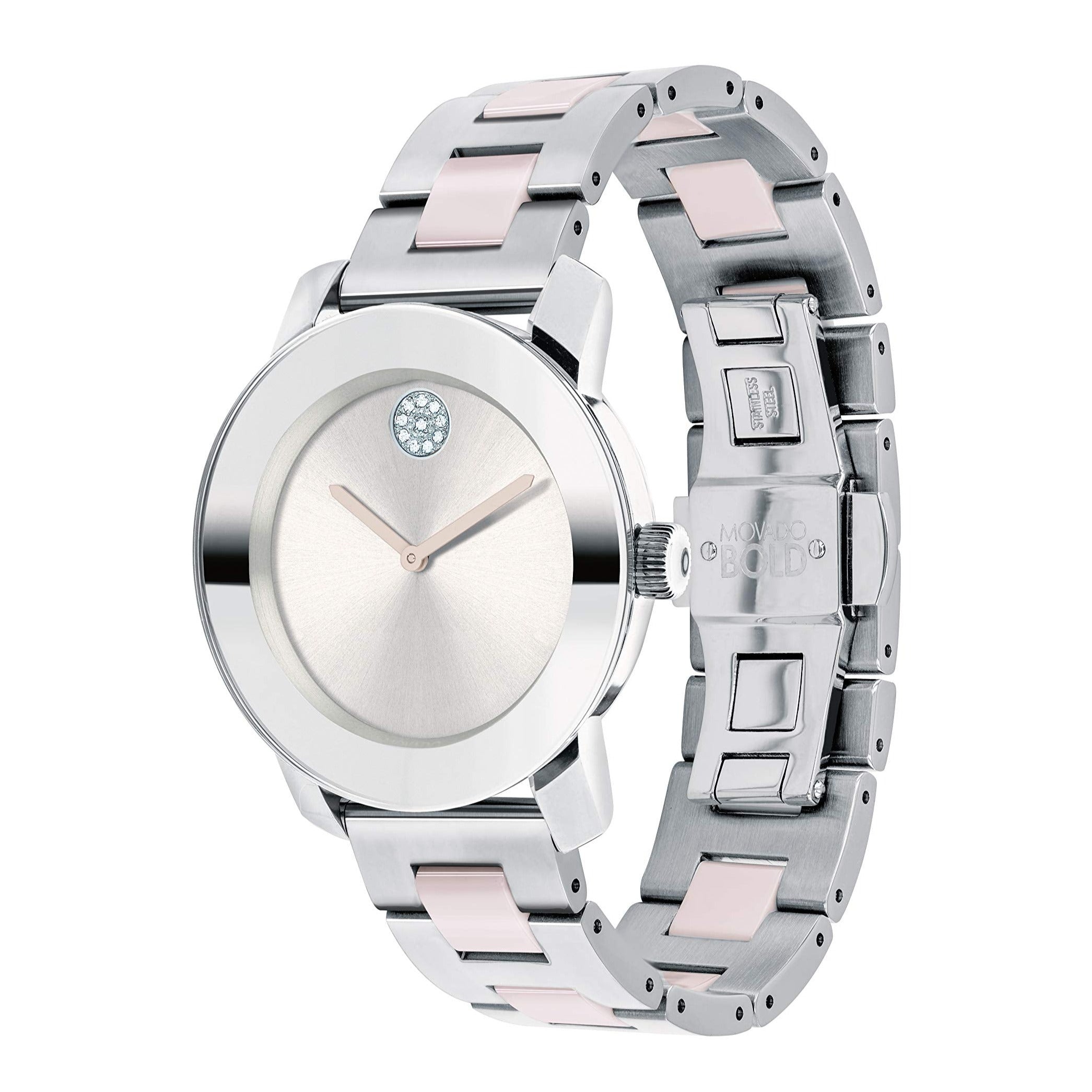 Movado Bold watch three-quarter view showing stainless steel and pink ceramic strap with deployment clasp