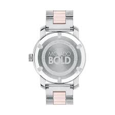 Movado Bold watch showing case back with BOLD engraving and pink ceramic strap detail