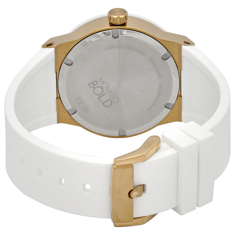 Movado Bold Fusion caseback showing gold-tone case with white rubber strap attached