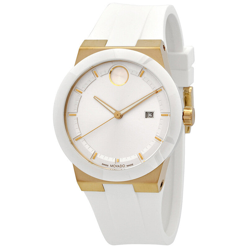 Movado Bold Fusion white dial men's watch with gold-tone case and white rubber strap