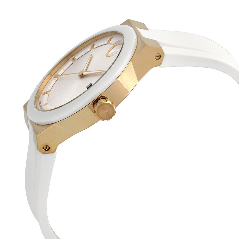 Movado Bold Fusion watch shown from side angle with white strap and gold-tone case and crown