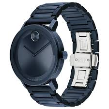 Movado Bold men's watch with blue ion plated case and bracelet, angled view