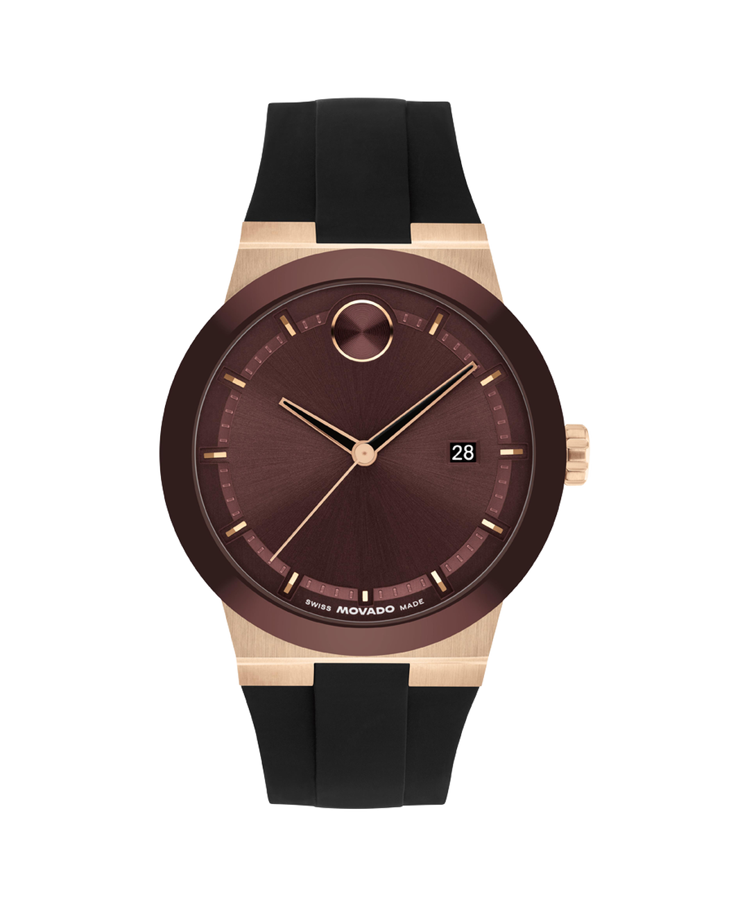 Movado Bold quartz watch with cherry dial, rose gold case, and black silicone strap