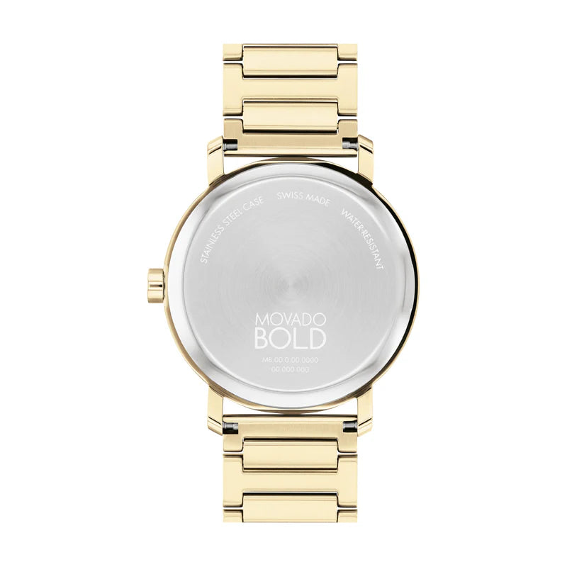 Goldtone caseback of Movado Bold Evolution 2.0 with engraved branding and bracelet