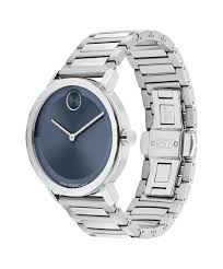 Side angle view of Movado Bold Evolution 2.0 blue dial watch with metal bracelet