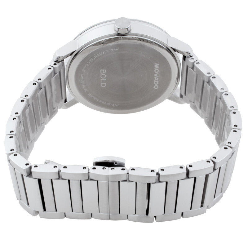 Caseback of Movado Bold Evolution 2.0 showing stainless steel bracelet design