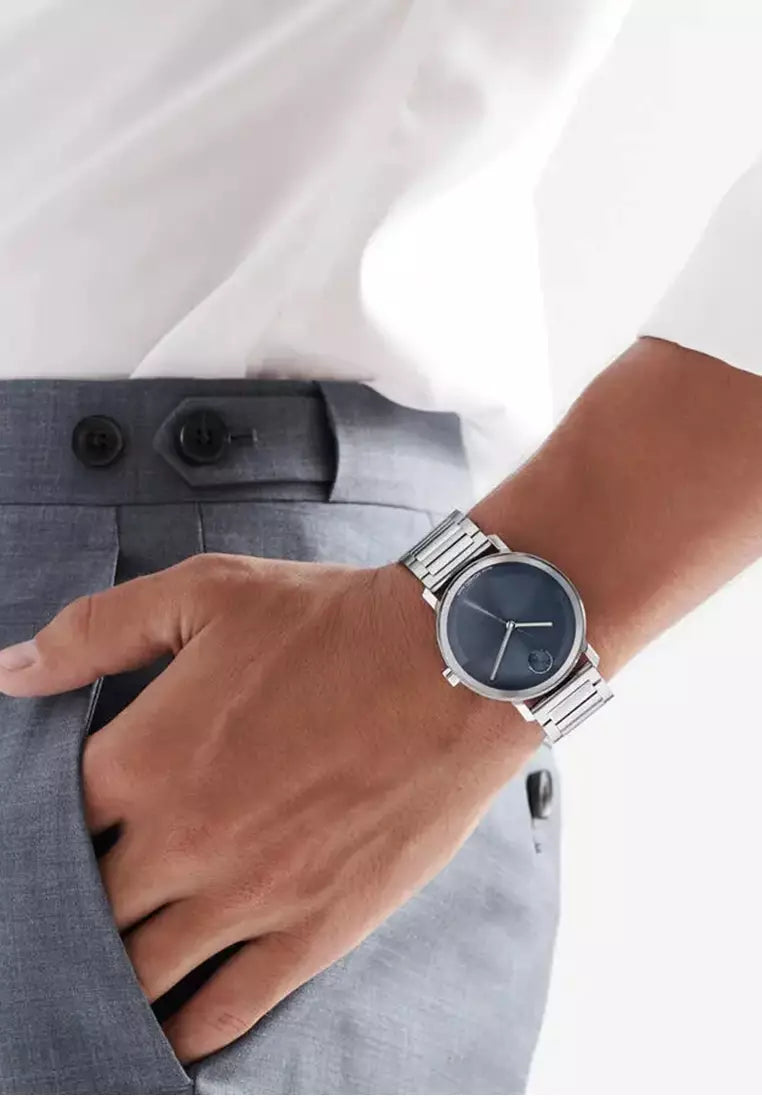 Movado Bold Evolution 2.0 worn on wrist showing blue dial and steel bracelet