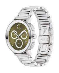 Angled view of Movado BOLD Evolution 2.0 chronograph with green dial and steel band