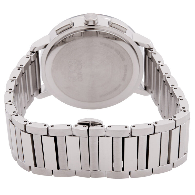 Caseback view of Movado BOLD Evolution 2.0 watch showing steel bracelet