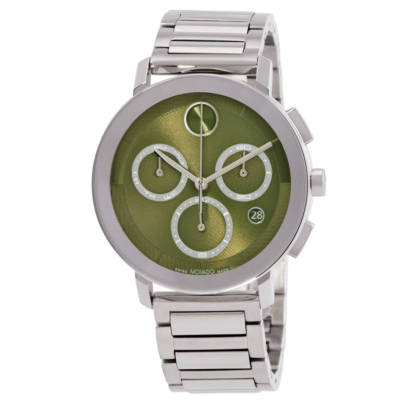 Movado BOLD Evolution 2.0 chronograph quartz watch with green dial and steel bracelet