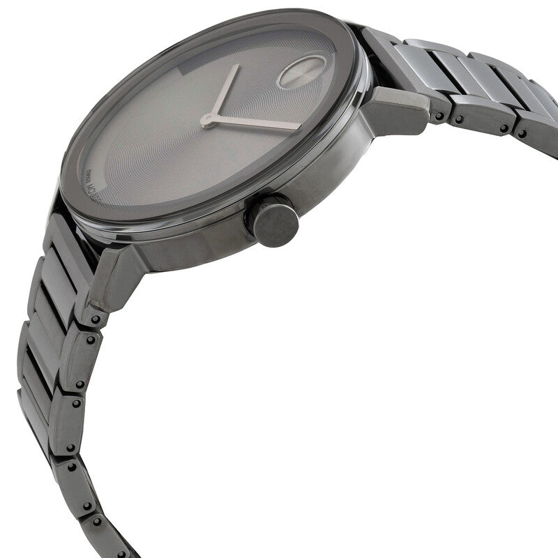 Side angle view of Movado Bold Evolution watch showing dial and metal bracelet