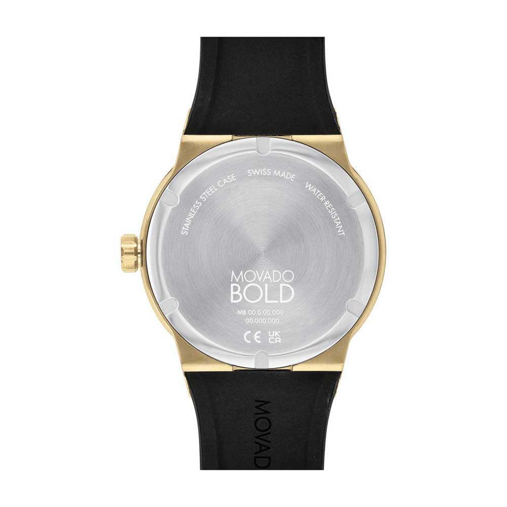 Movado Bold Fusion watch caseback showing Swiss-made markings and model specifications