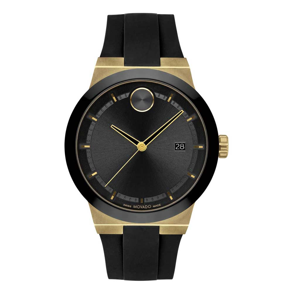 Movado Bold Fusion black dial watch with gold-tone case and black rubber strap