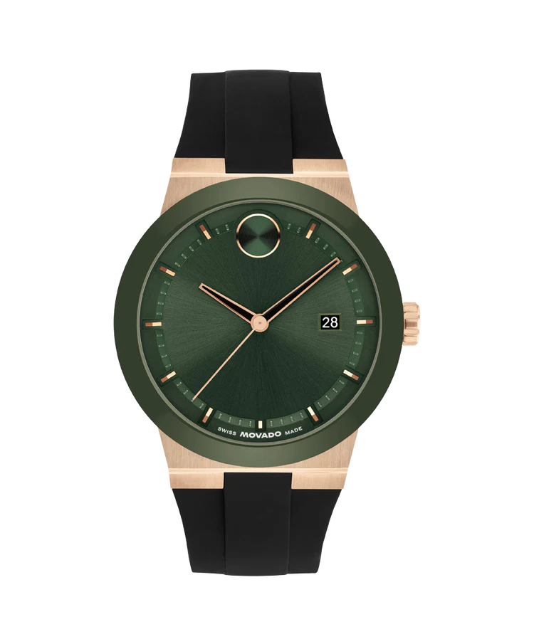 Movado Bold Fusion watch with green dial, rose gold case, and black rubber strap