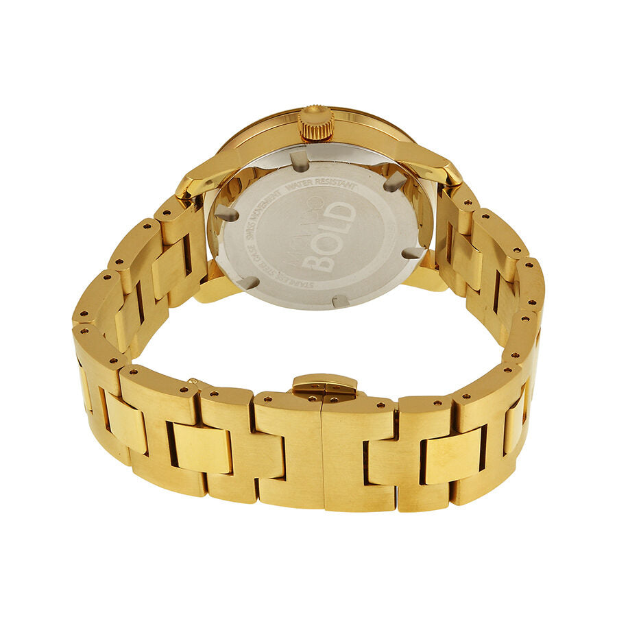 Movado Bold Gold watch caseback with yellow gold bracelet visible