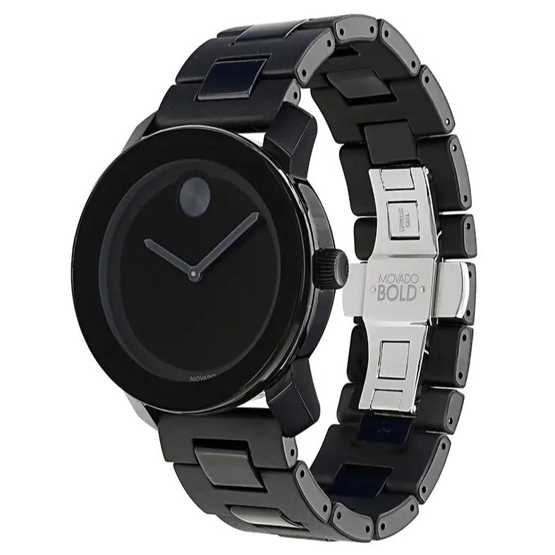 Movado Bold Large watch shown at angle displaying black polymer strap and case profile