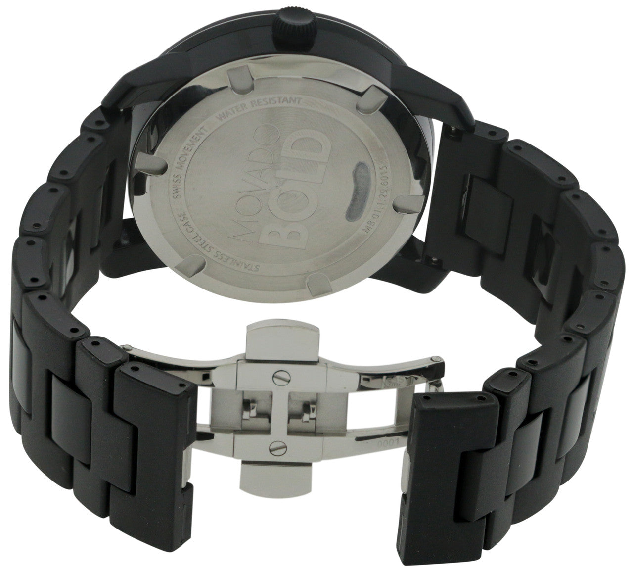 Movado Bold Large watch from rear showing polymer strap clasp and caseback engraving