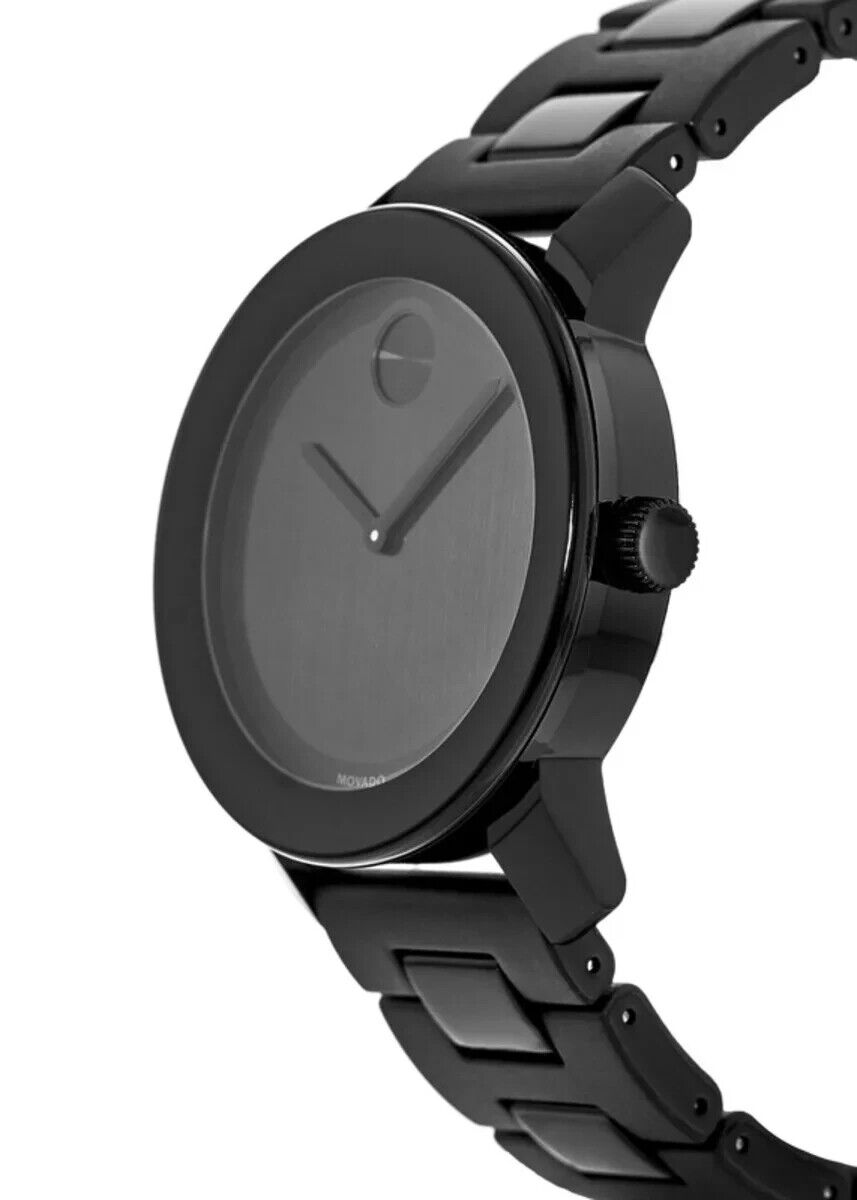 Side view of Movado Bold Large black polymer watch showing case thickness and strap design