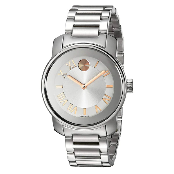 Movado Bold Luxe watch angled view showing stainless steel bracelet and silver dial with rose gold Roman numerals