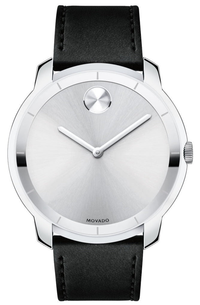 Movado Bold Quest silver dial chronograph watch with black leather strap