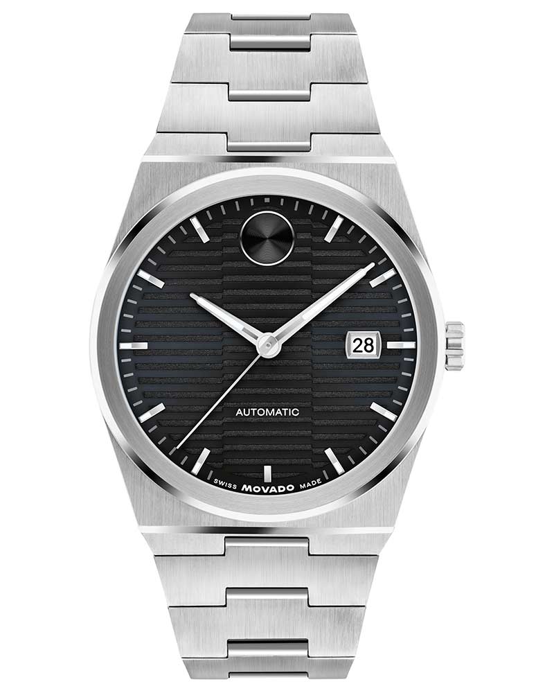 Movado BOLD Quest automatic watch with black horizontal-striped dial, white hands, date window, stainless steel bracelet