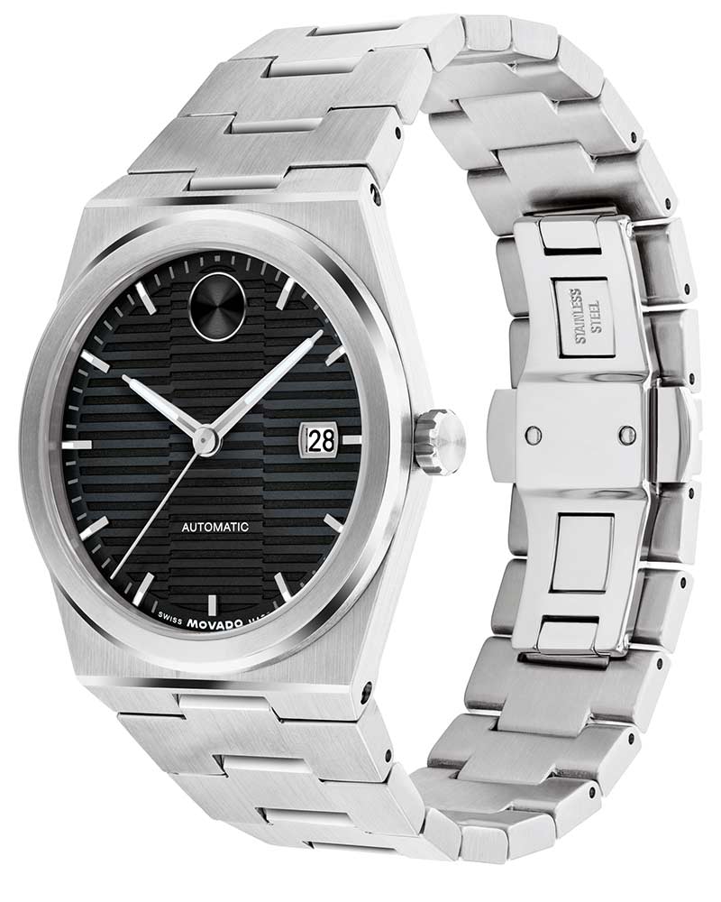 Movado BOLD Quest watch shown at angle displaying stainless steel bracelet construction and case profile