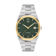 Movado BOLD Quest automatic watch with green sunburst dial, gold-tone bezel, and stainless steel bracelet